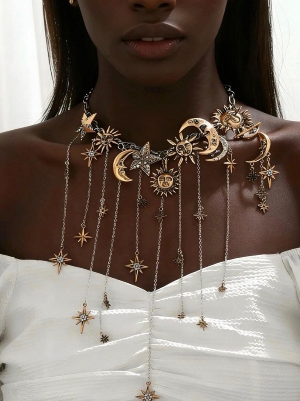 Gold Celestial Moon & Star Fringe Necklace